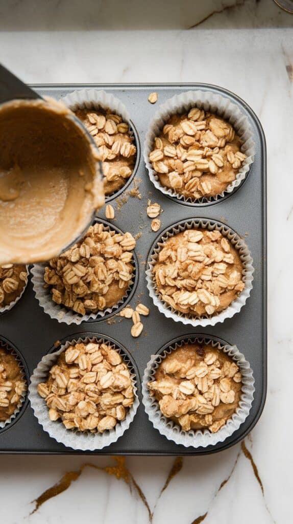  muffin batter scooped into paper-lined muffin pan wells, topped with generous spoonfuls of oat crumble, fruit peeking through the batter