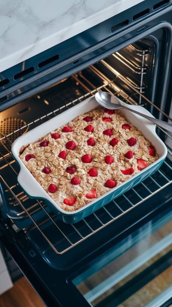 oatmeal bake inside the oven, top starting to turn golden and edges firm, berries peeking out the top layer, ceramic dish placed on center rack 