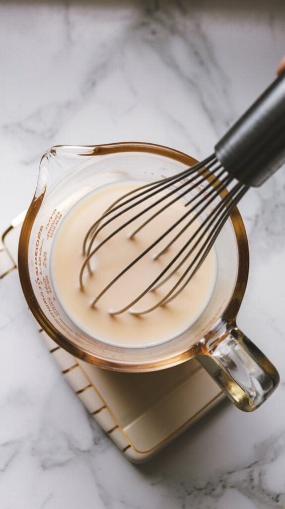 milk, egg, maple syrup, and vanilla extract being whisked together in a glass measuring cup, mixture smooth and pale golden, whisk in hand