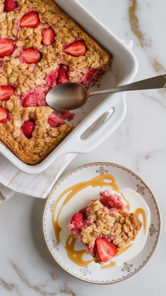 strawberry rhubarb oatmeal bake sliced in a white ceramic dish, a spoon scooping out a warm piece onto a plate with yogurt and maple drizzle