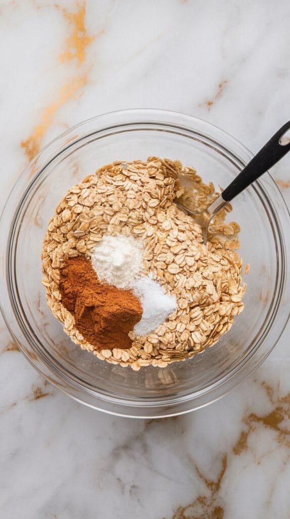 olled oats being mixed with baking powder, cinnamon, and salt in a glass mixing bowl using a spoon, ingredients evenly combined, on white marble counters