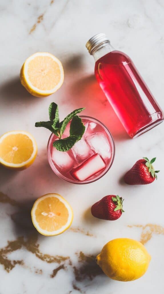 a glass of strawberry rhubarb shrub soda with ice and mint, beside a bottle of bright pink shrub syrup, lemons and strawberries scattered around,