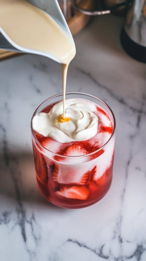  sweet cream and vanilla extract being added to the glass, thick swirls forming with the syrup beneath