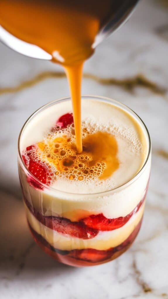 golden cream soda being poured into the layered drink, fizzy bubbles rising fast, layers slightly blending