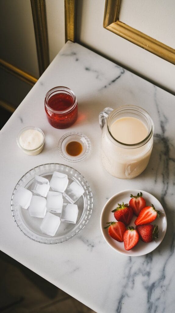  ½ cup strawberry syrup in a small clear jar, ¾ teaspoon vanilla extract on a tiny clear plate, ½ cup sweet cream in a small glass jar, 1 cup cream soda in a clear glass jar, a few clear ice cubes on a shallow clear dish, and sliced strawberries
