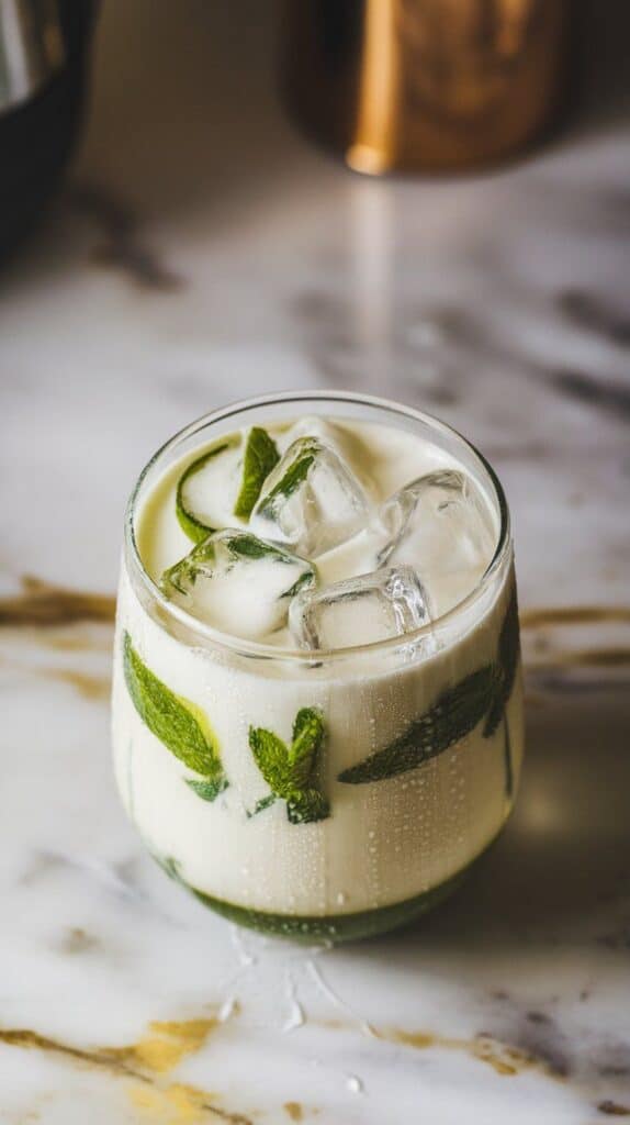  clear ice cubes being gently added to the creamy mint-lime-coconut mixture in the glass, some condensation forming
