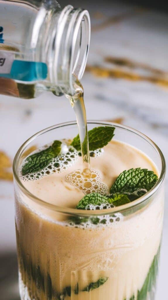 Sprite being poured from a small jar into a glass filled with creamy mixture and mint, bubbles forming and floating to the top