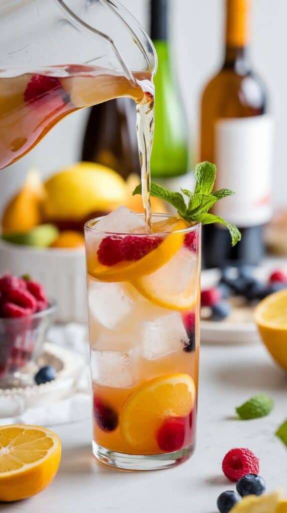 A tall glass of white sangria being poured from a pitcher, filled with floating citrus slices and berries, and garnished with a mint sprig.