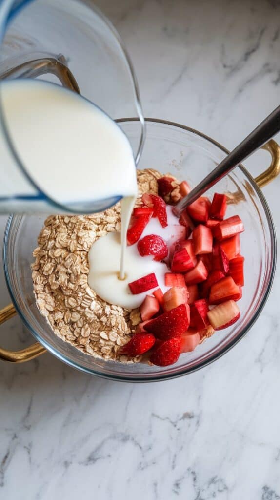 wet ingredients being poured into the oat and fruit mixture, milk soaking into oats, spoon stirring everything together until fully combined, 