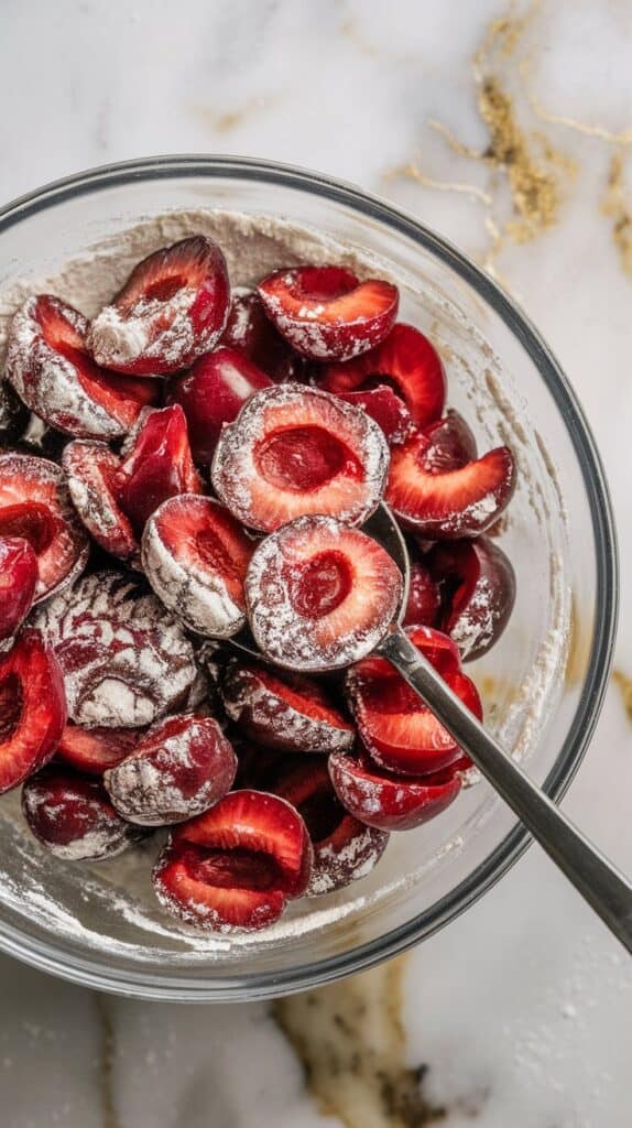 halved fresh cherries in a bowl, lightly coated with flour using a spoon, flour evenly sticking to fruit, ready to be folded into batter, on white marble counters with hints of gold