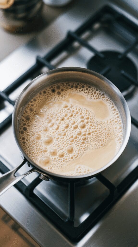 frothy milk mixture in a saucepan, bubbles forming on the creamy surface, on a modern stainless steel gas stove