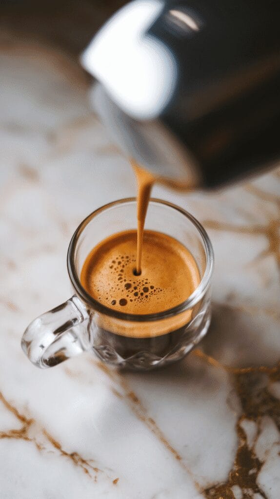 fresh espresso shot with golden crema being poured into a clear glass mug, on a white marble counter with hints of gold
