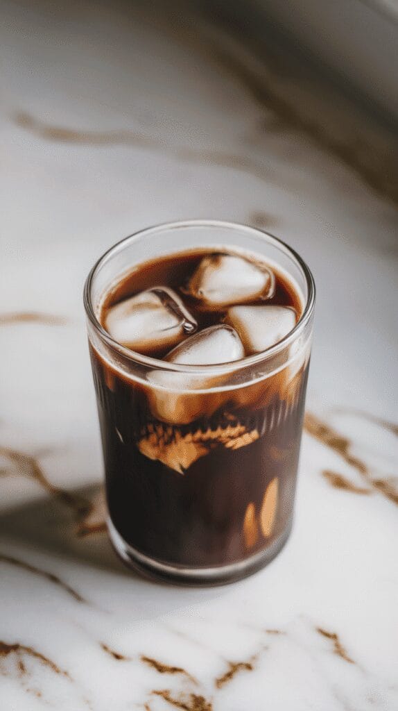 a tall glass with ice cubes being filled with dark cold brew coffee, smooth surface and slight froth, on a white marble counter with hints of gold