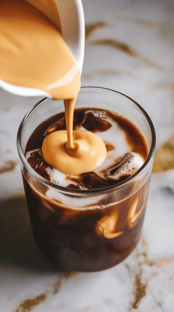 pumpkin cream being poured over iced cold brew coffee in a clear glass, the cream floating on top and swirling into the dark liquid