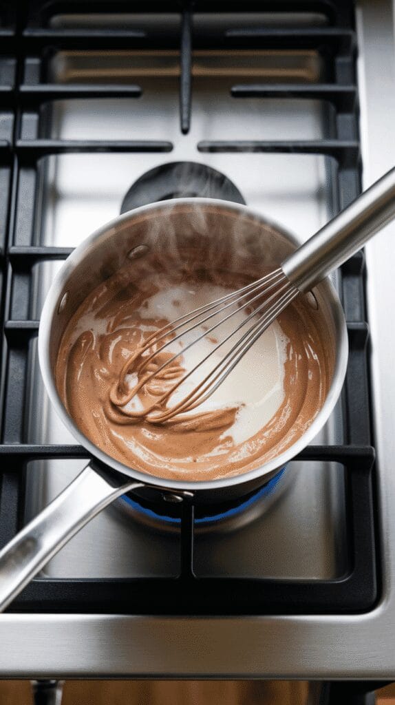 milk poured into the spiced chocolate-applesauce mix in the saucepan, mixture turning creamy and light brown, whisk blending it smoothly, steam just starting to rise, set on a modern stainless steel gas stove