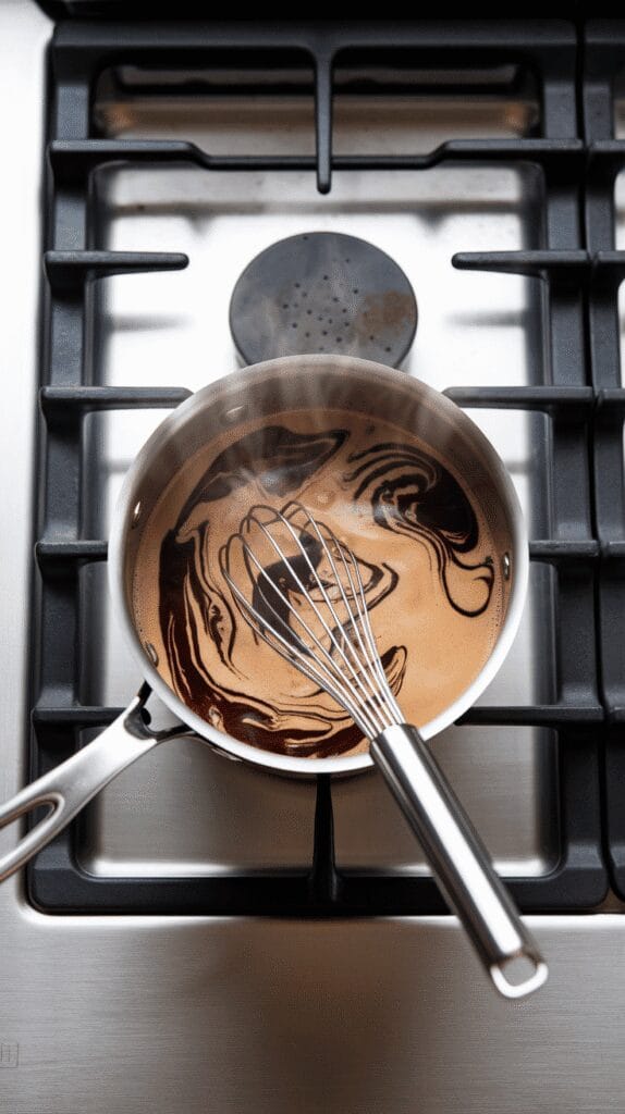 brewed coffee and vanilla being poured into the spiced mocha mixture, forming dark swirls into the creamy base, steam rising gently, whisk finishing the stir, set on a modern stainless steel gas stove