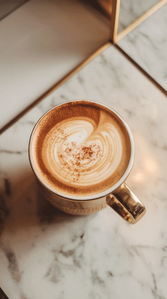  a latte mug filled with brown-butter bourbon latte, milk foam on top, dusted with cinnamon, with rich golden crema swirling