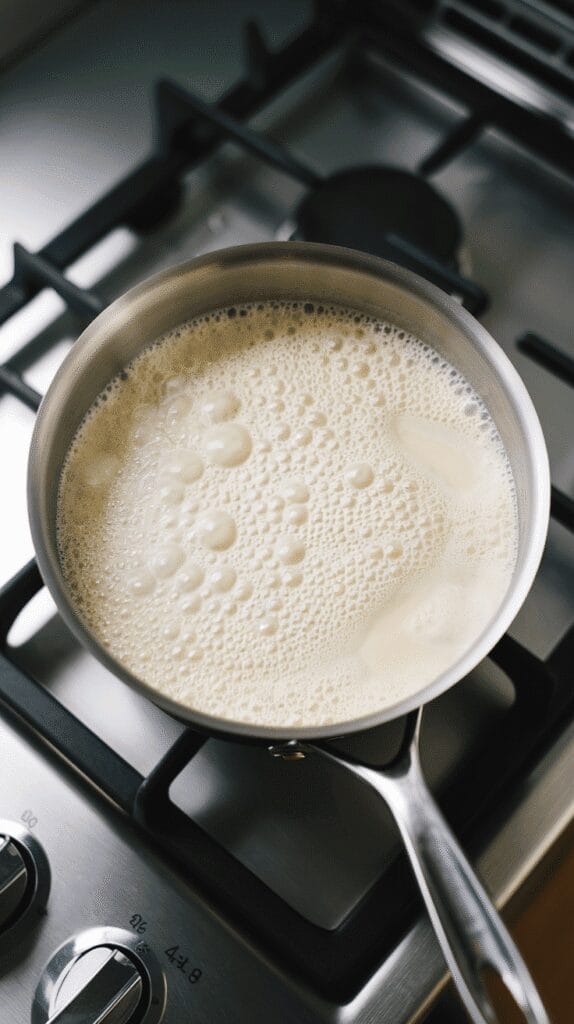 milk in a saucepan being frothed into foam with a handheld frother, creamy bubbles forming, on a modern stainless steel gas stove