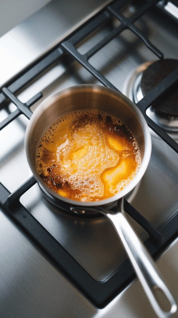 a small saucepan with melted butter turning golden brown, foamy surface with browned bits forming, on a modern stainless steel gas stove