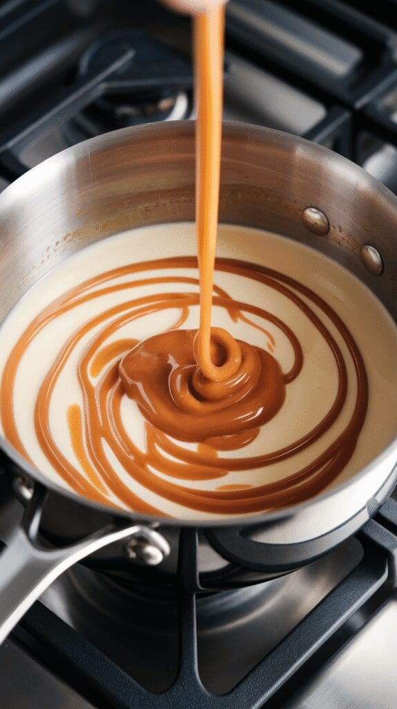  caramel sauce being stirred into warm apple cider and milk mixture in a saucepan, golden caramel ribbons swirling into creamy liquid