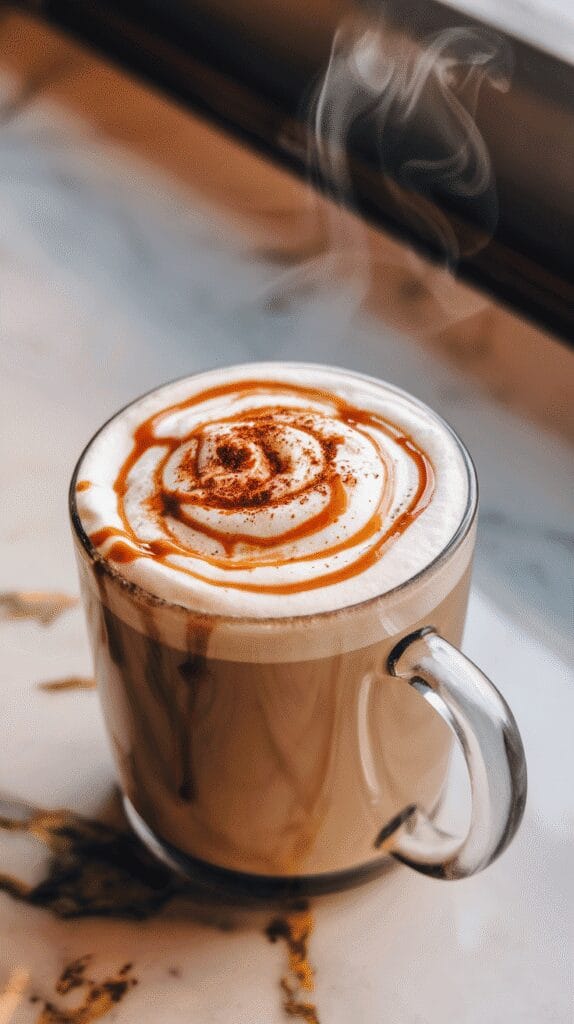 a clear glass mug filled with caramel apple latte, topped with whipped cream, caramel drizzle, and a dusting of cinnamon