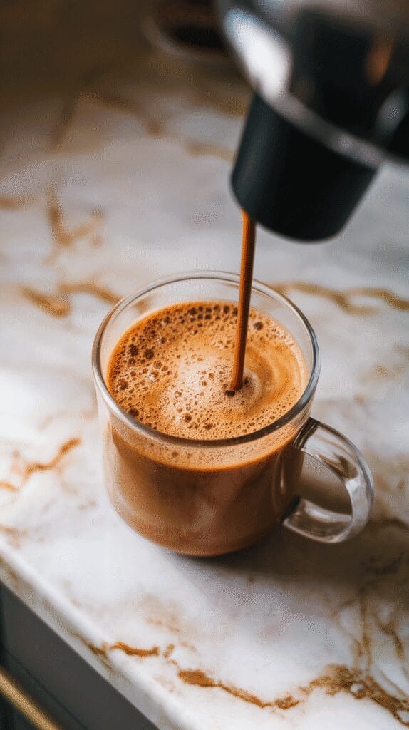  caramel apple milk mixture being frothed into espresso in a clear mug, creamy foam forming at the top