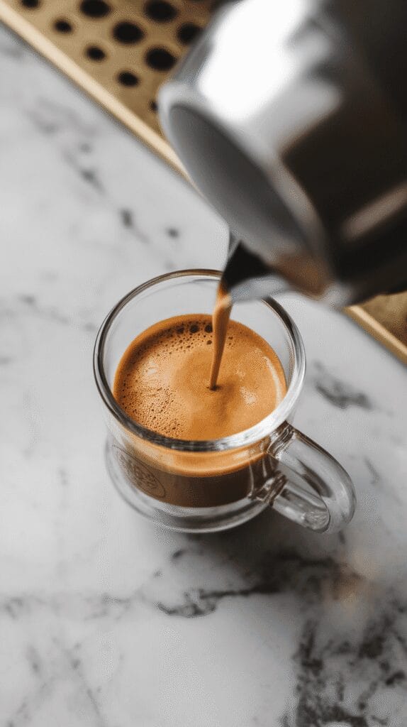 resh espresso shot with golden crema being poured into a clear glass mug, on a white marble counter with hints of gold