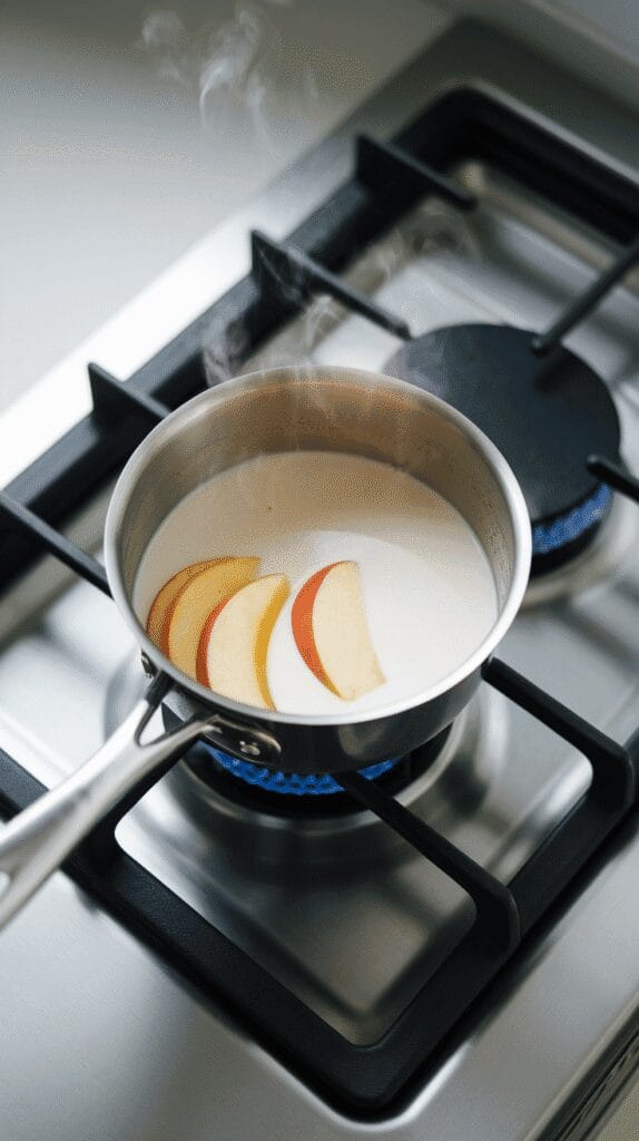  a small saucepan on a modern stainless steel gas stove with apple cider and milk being gently heated, light steam rising