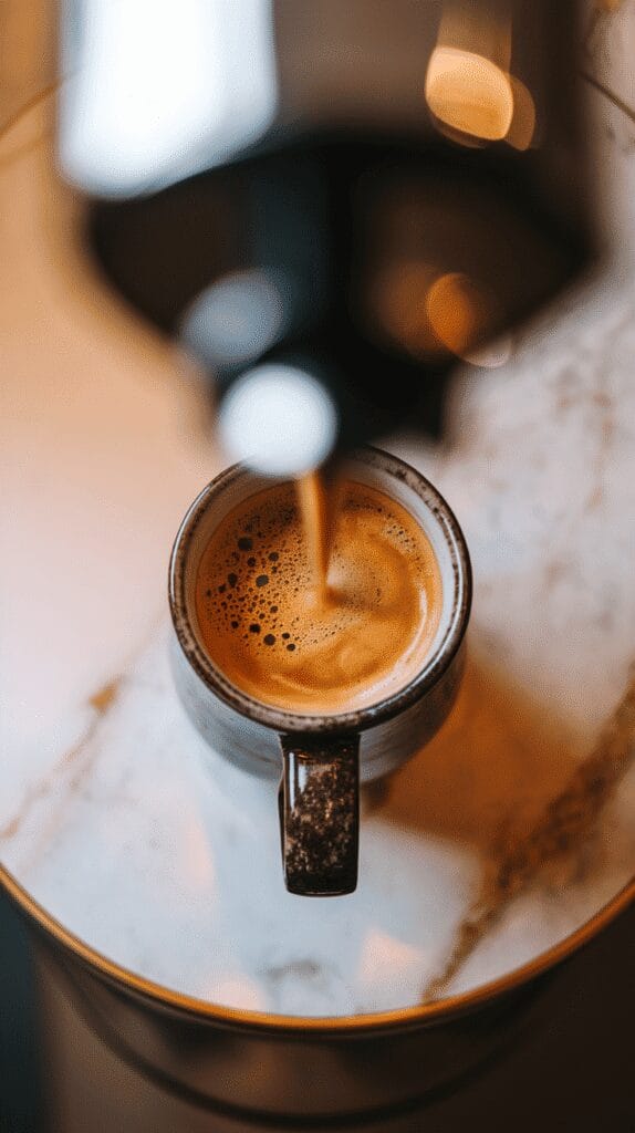 fresh espresso with rich crema poured into a ceramic mug, warm brown and golden tones, slight steam rising, deep color and smooth surface, set on white marble counters with hints of gold