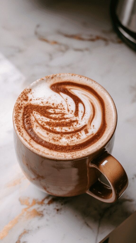 a ceramic mug filled with Chocolate Chai Dirty Latte, smooth milk foam swirled with melted chocolate, topped with a pinch of cinnamon and optional whipped cream, rich dark tones visible beneath