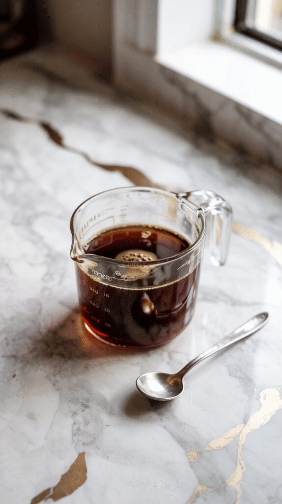  a glass measuring cup filled with freshly brewed strong coffee, steam rising from the surface, on a white marble counter with hints of gold
