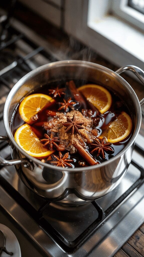 a pot filled with dark coffee, apple cider, orange slices, brown sugar, cloves, cinnamon sticks, star anise, and nutmeg floating on top