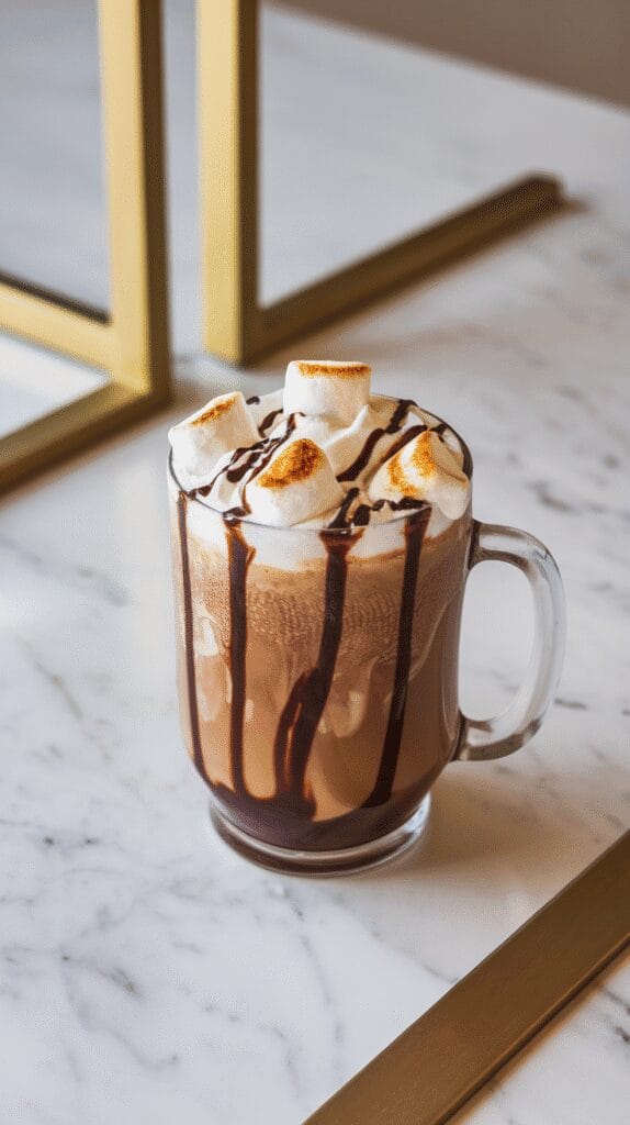  a mug filled with Toasted Marshmallow Mocha, topped with toasted marshmallows, a drizzle of chocolate syrup, and a little whipped cream, set on a white marble counter with hints of gold
