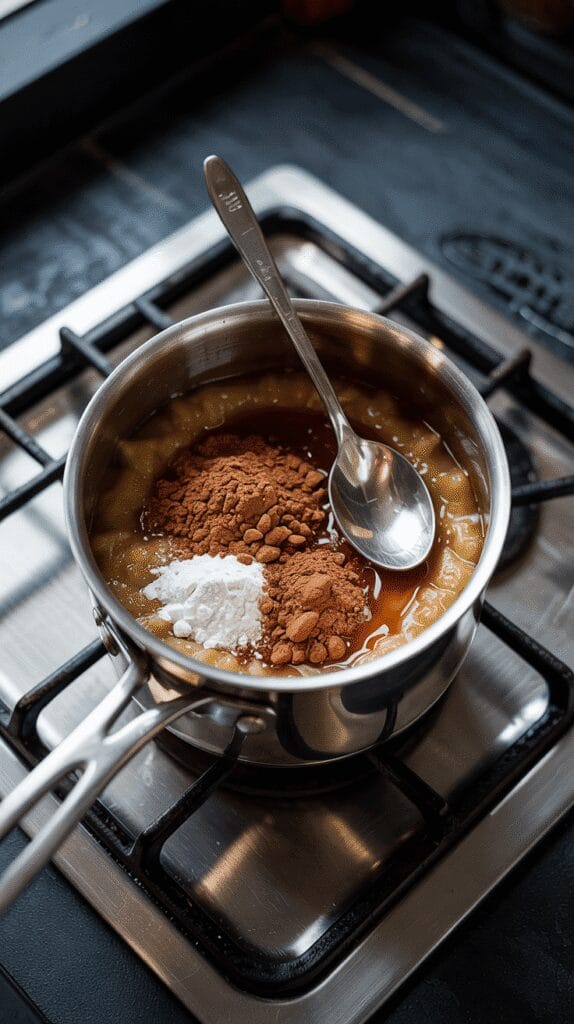 applesauce, cocoa powder, maple syrup, cinnamon, nutmeg, and allspice in a small saucepan, not yet mixed, ingredients sitting layered and textured, spoon ready to stir, set on a modern stainless steel gas stove