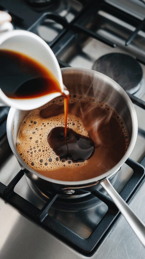 brewed coffee and vanilla extract being poured into the hot spice-tea mixture in the saucepan, deepening the color to a rich, dark brown, slight steam rising, spoon stirring the mixture gently, set on a modern stainless steel gas stove