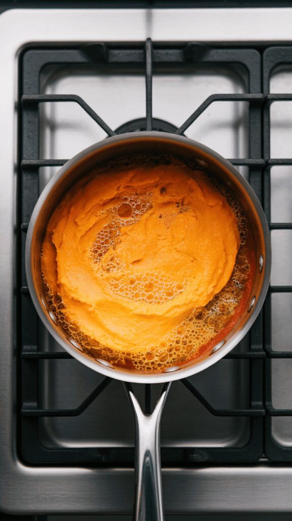 a saucepan with creamy orange pumpkin-chili mixture gently steaming, tiny bubbles forming at the edge, on a modern stainless steel gas stove