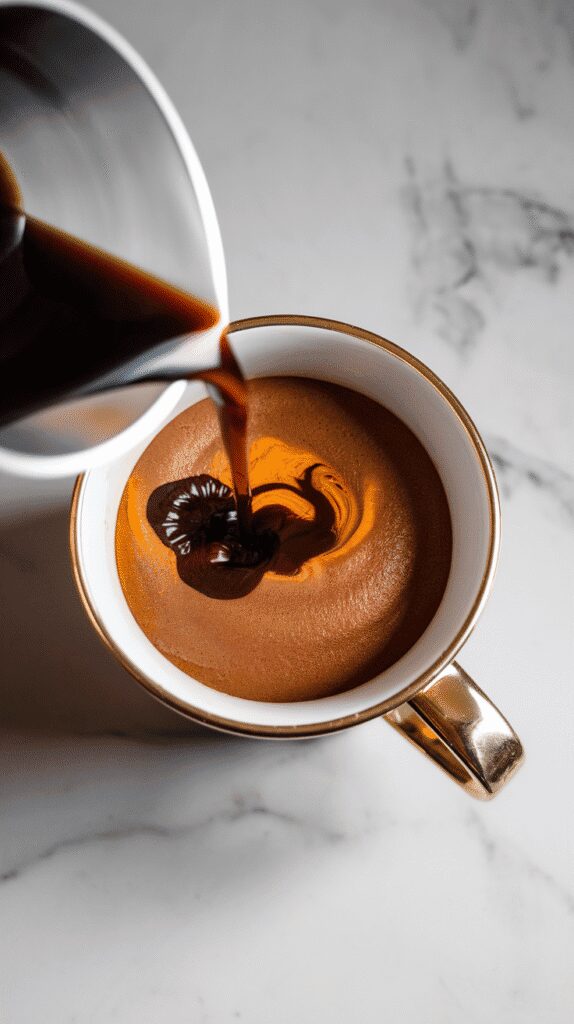 dark brewed coffee being poured into a mug with creamy pumpkin-chili mixture, swirling together into a rich brown-orange color