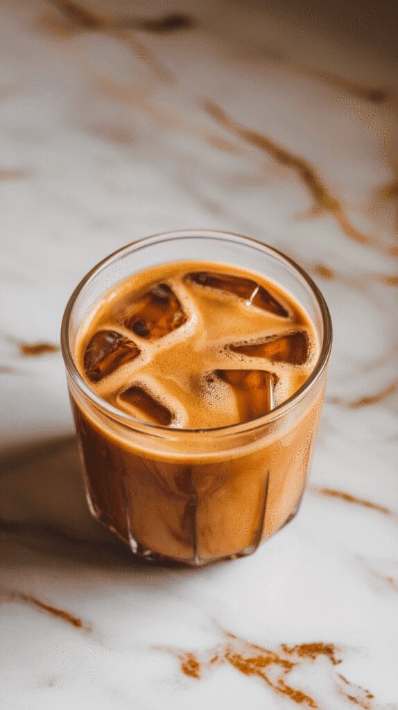 a clear serving glass filled with Pumpkin Brown Sugar Autumn Spice Shaken Espresso, ice floating at the top, creamy espresso color throughout, with light pumpkin spice foam