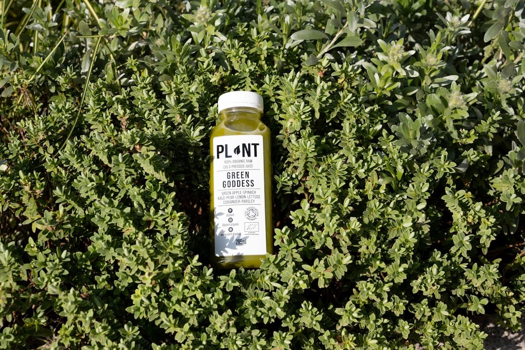 Glass bottle of vinegar with fresh herb sprigs sitting on a kitchen counter