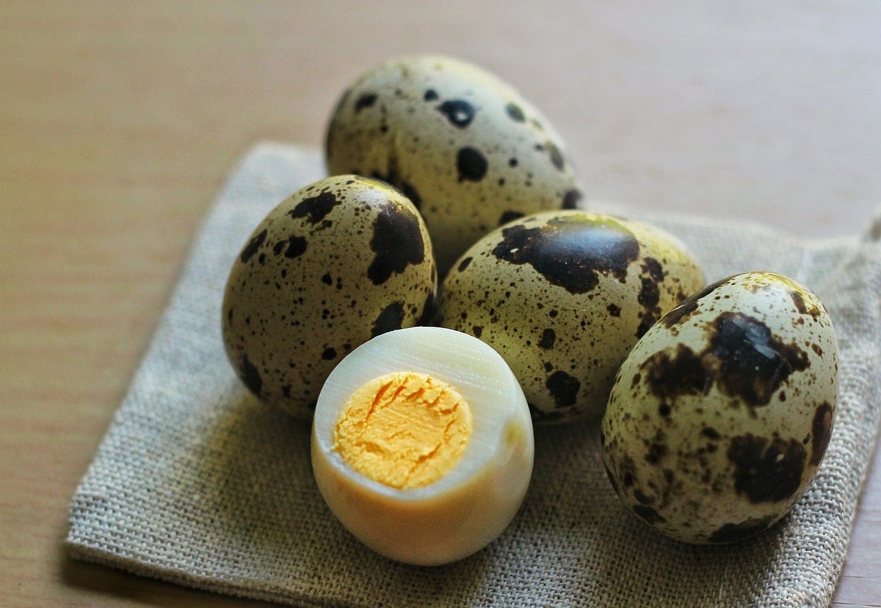 Sliced hard-boiled eggs arranged on a white ceramic plate