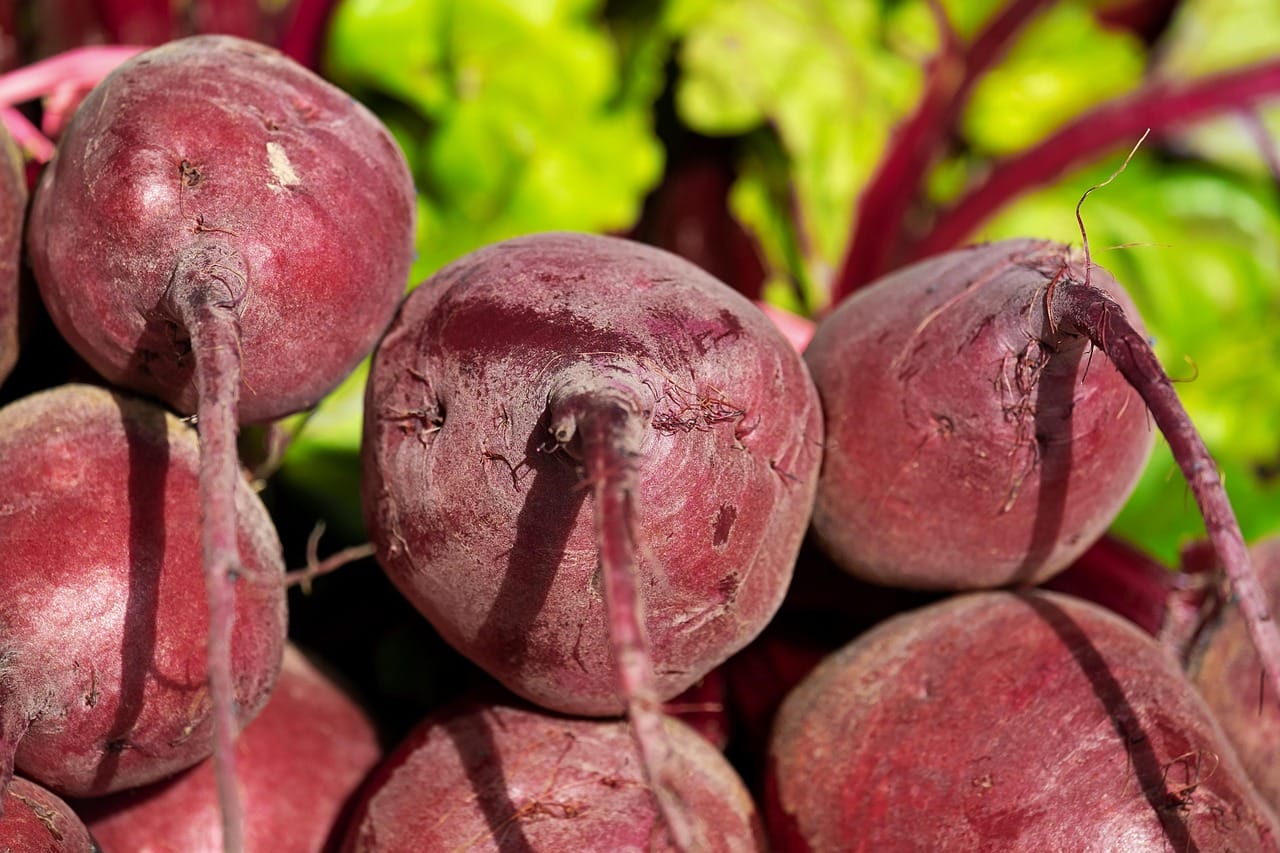 Fresh red beets with leafy green tops on a rustic wooden board