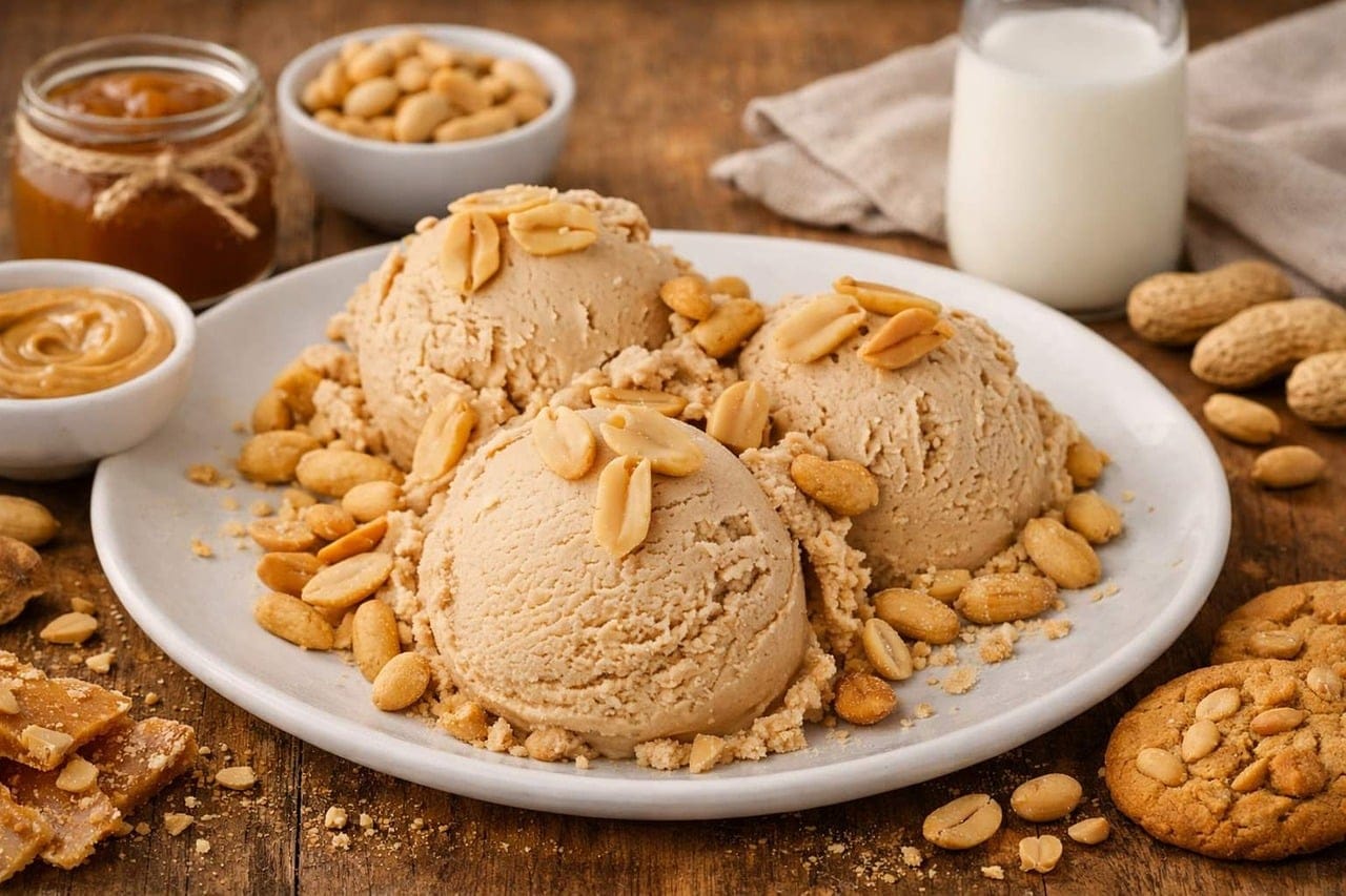 Creamy scoops of peanut butter ice cream in a glass dish