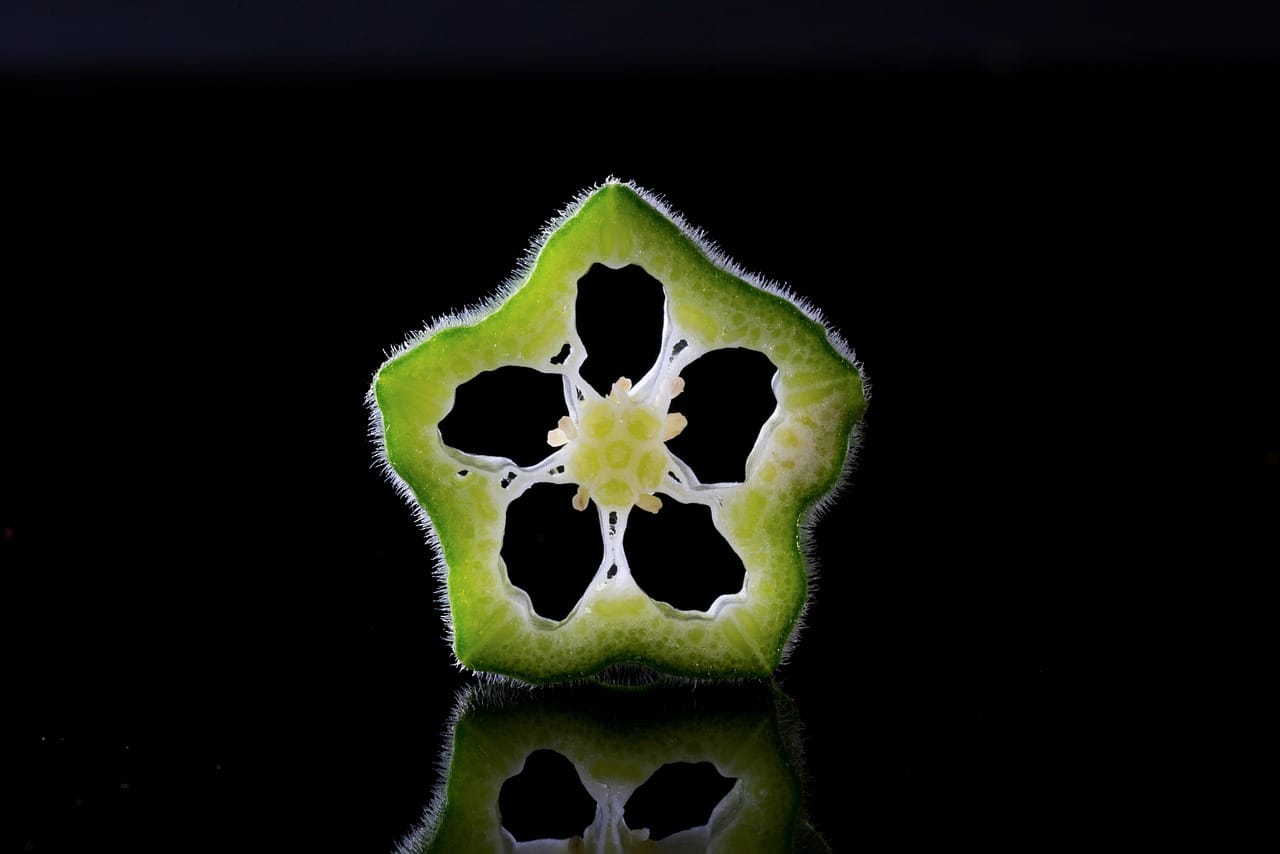 Cross-sections of sliced okra showing seeds and a sticky interior