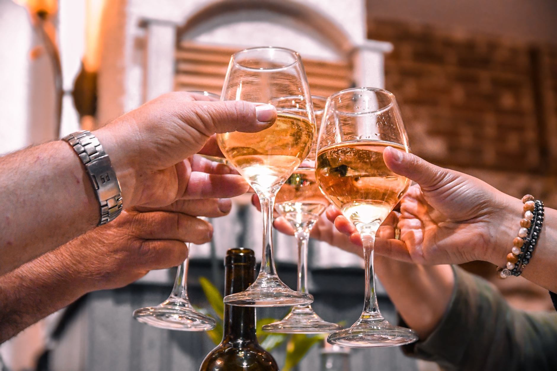 Two people clinking glasses of red and white wine across a dinner table
