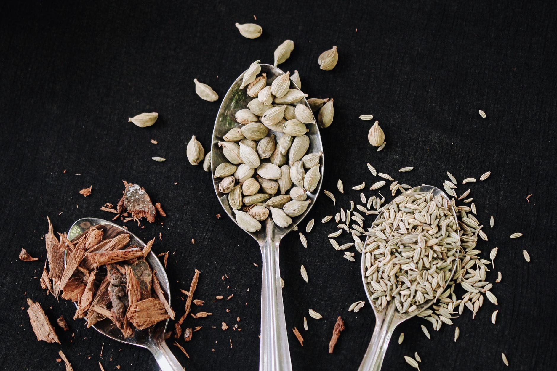 A wooden spoon holding dried fennel seeds beside a mug