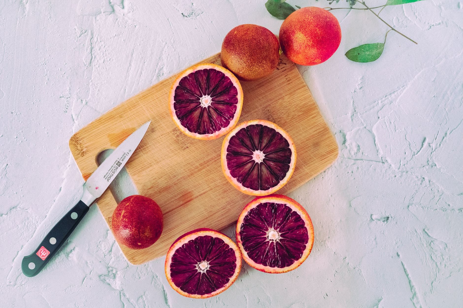 Ripe blood oranges hanging among green leaves on a citrus tree