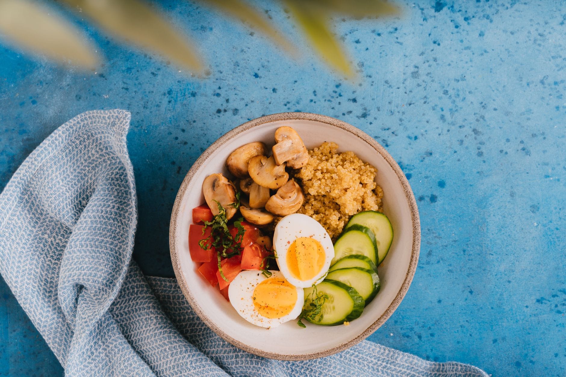 A bowl of cooked quinoa topped with sliced fruit and seeds