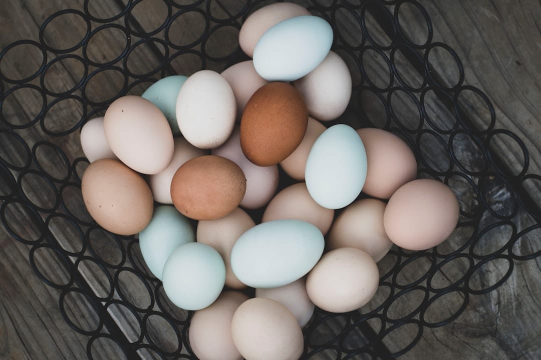 White and brown chicken eggs gathered in a woven basket
