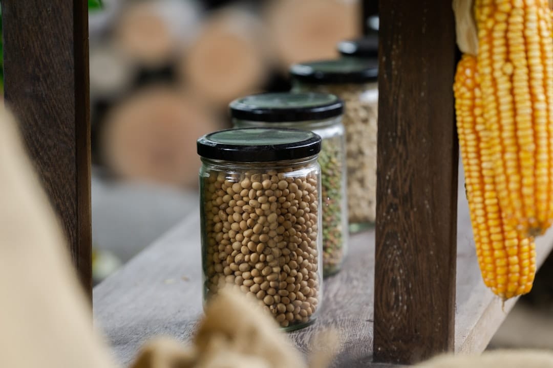 Clear glass jar filled with dried white beans on a kitchen shelf