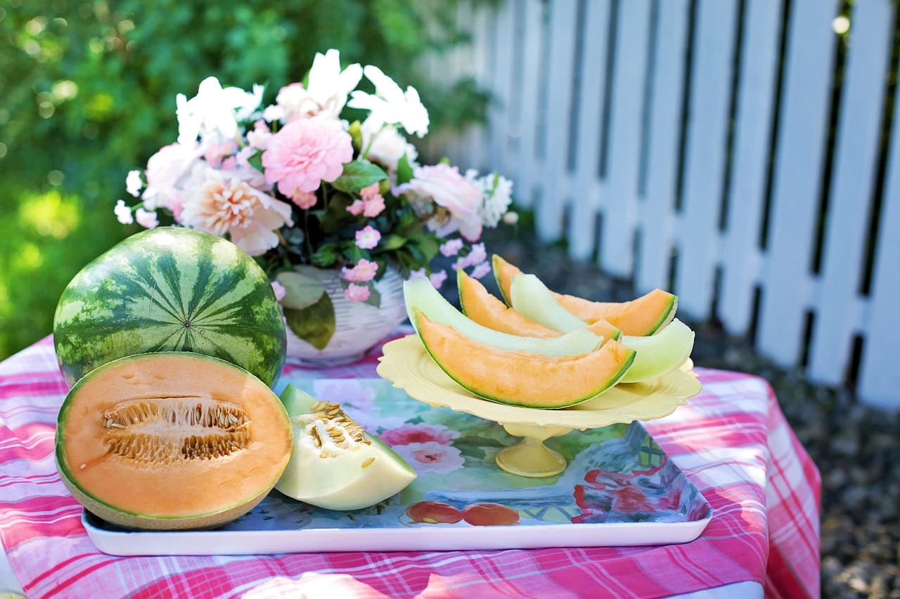 Triangular watermelon slices arranged on a white plate with visible seeds